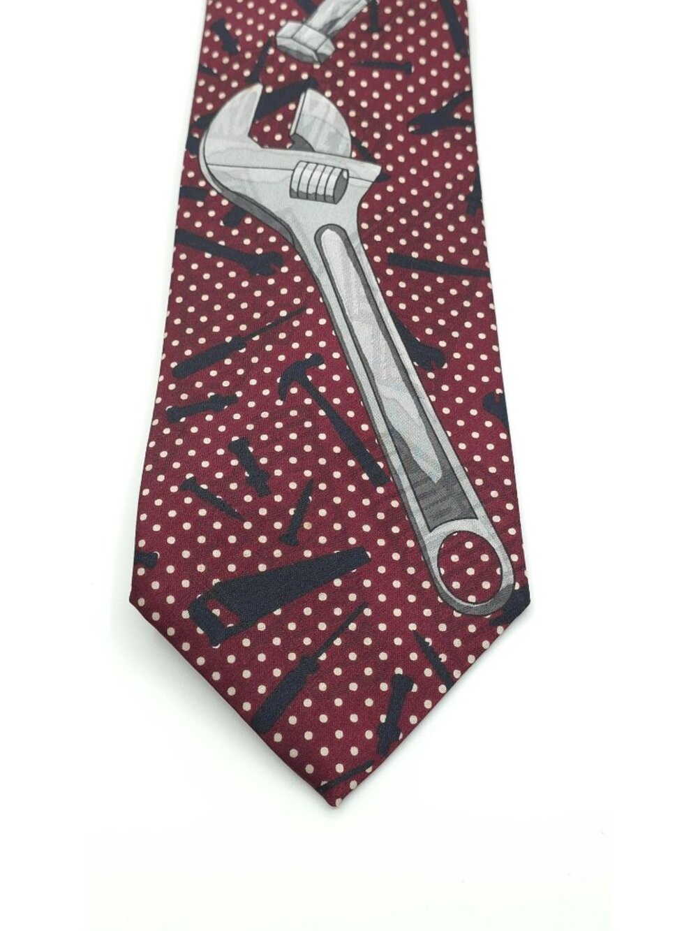 Home Improvement Giant Wrench Novelty Tie Red With Polka Dots & Tools Design - Picture 4 of 7